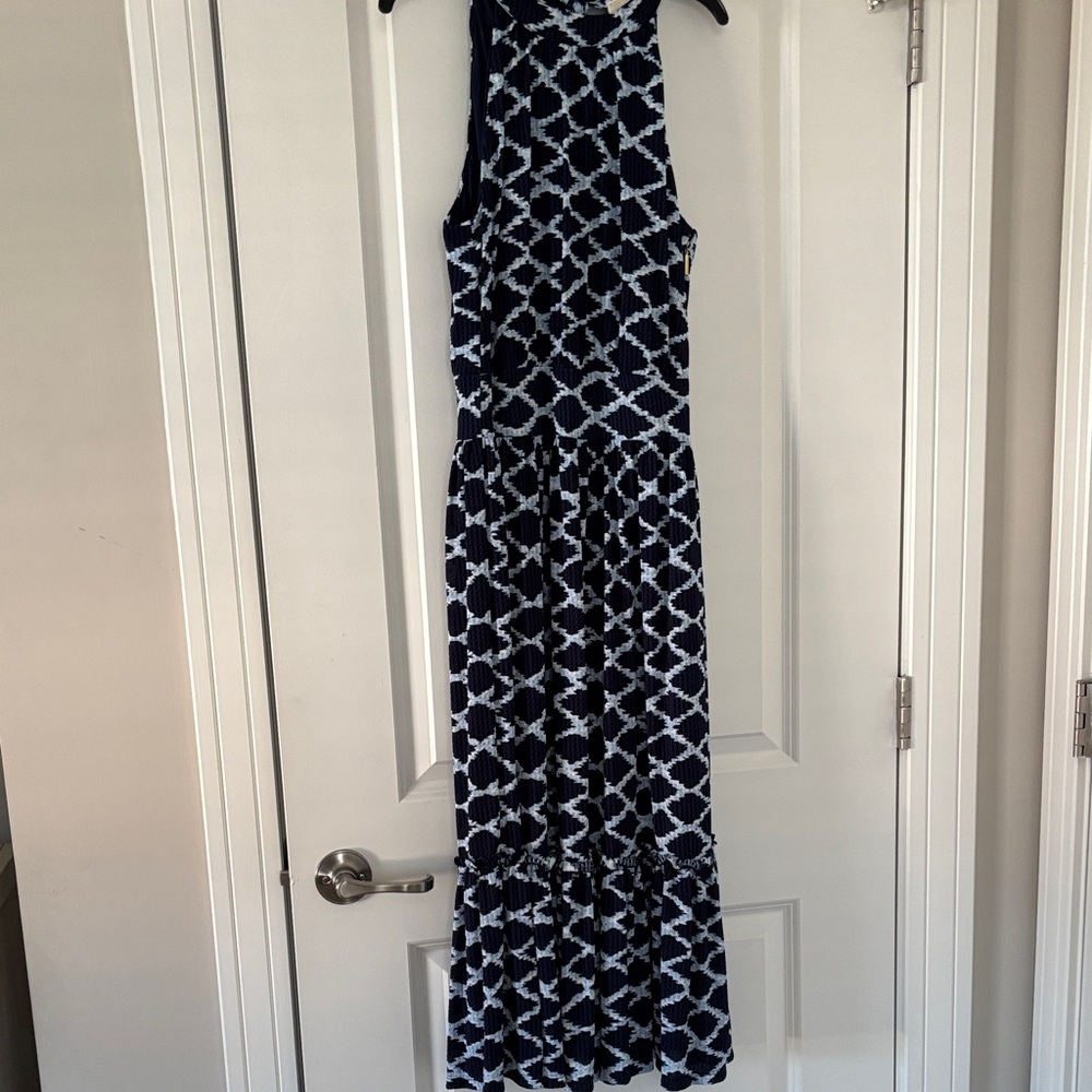 Michael Kors Navy and White Patterned Maxi Dress